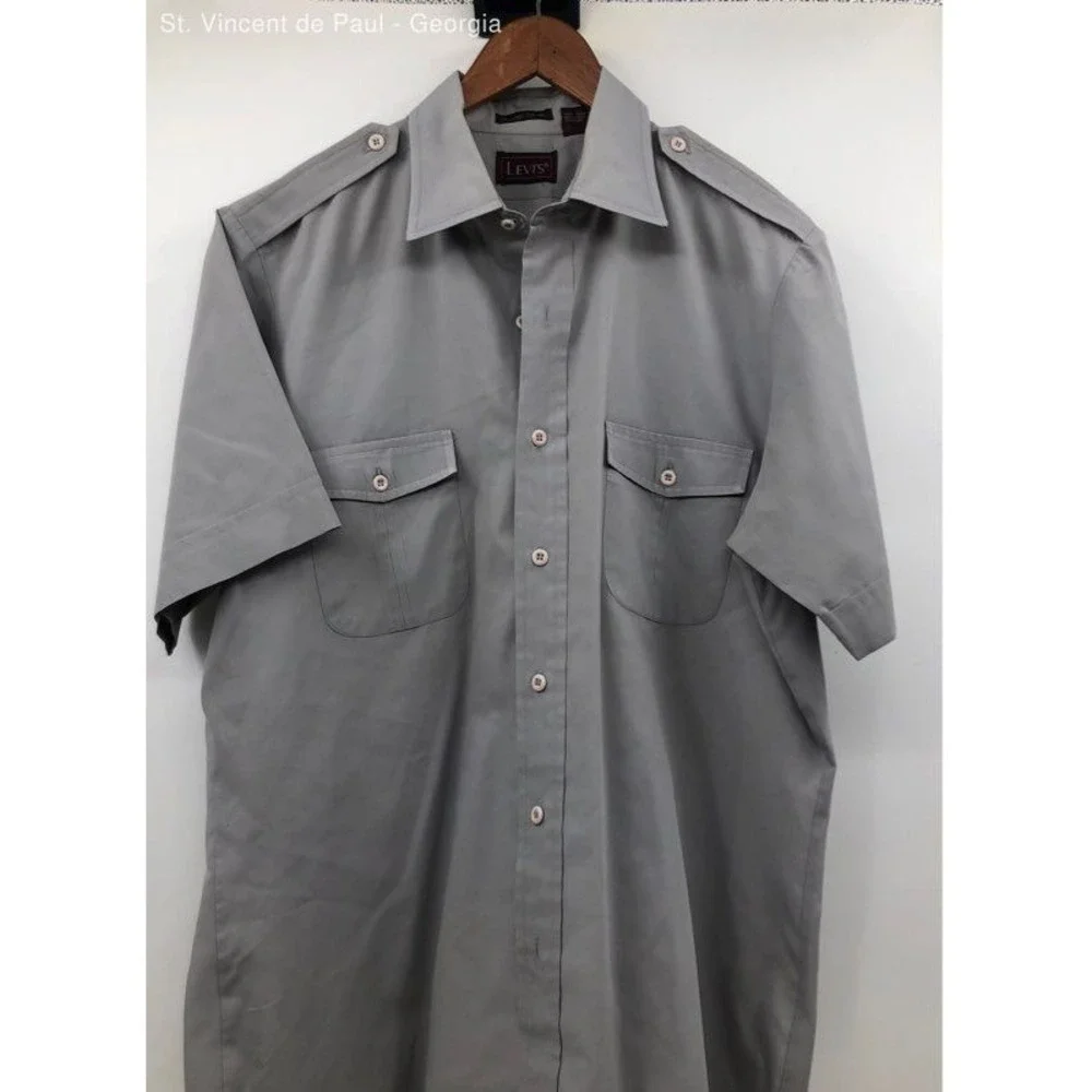 Men's Levi"s Gray Vintage 80s Short Sleeve Button Down Shirt - Size Large - Picture 2 of 9
